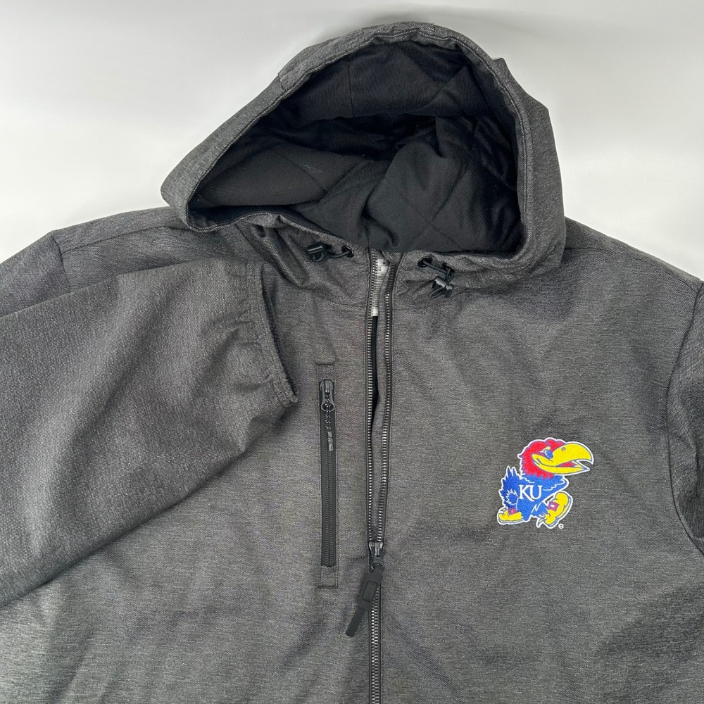 Adidas Kansas Jayhawks Jacket Mens Medium Grey Quilted Hooded Softshell NCAA KU